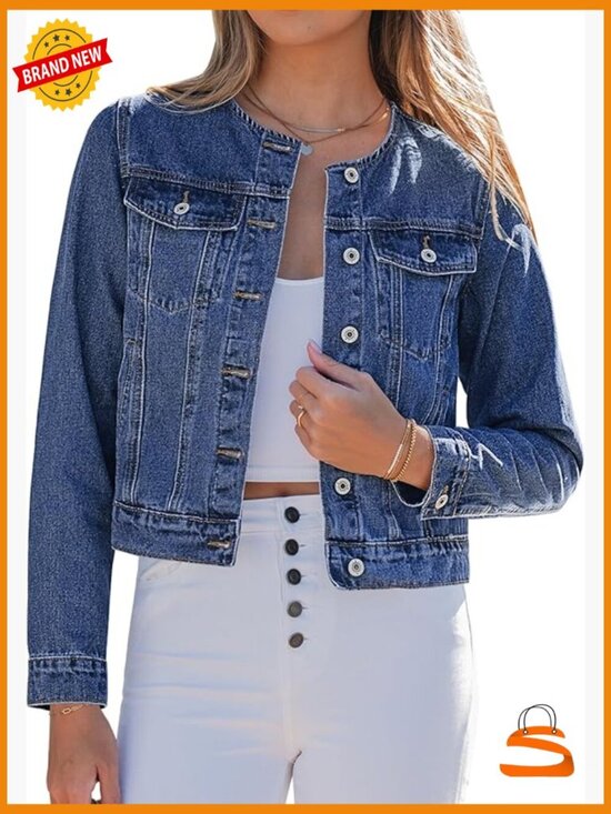 Jackets & Blazers - Collarless Button Down Denim Jacket Casual Western Long Sleeve Jacket